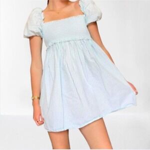 Aritzia Sunday Best Hadley Gingham Mini Babydoll Dress Puff Sleeve Small